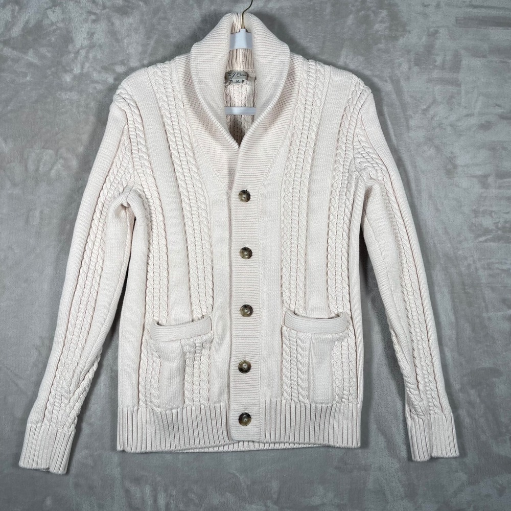 J. Crew Men's Heritage Cardigan Sweater Cable Knit Chunky Neutral M Cream